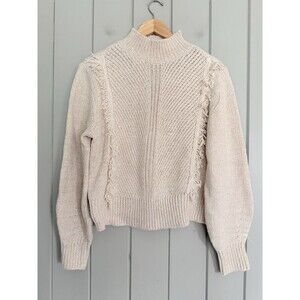 NWT Ann Taylor Fringe Ribbed Sweater L Large Ivory Mock Neck Acrylic NEW